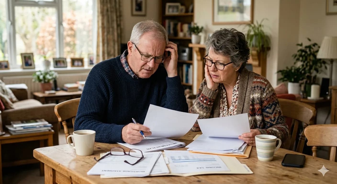 A senior couple reviewing Medicare paperwork together at their kitchen table