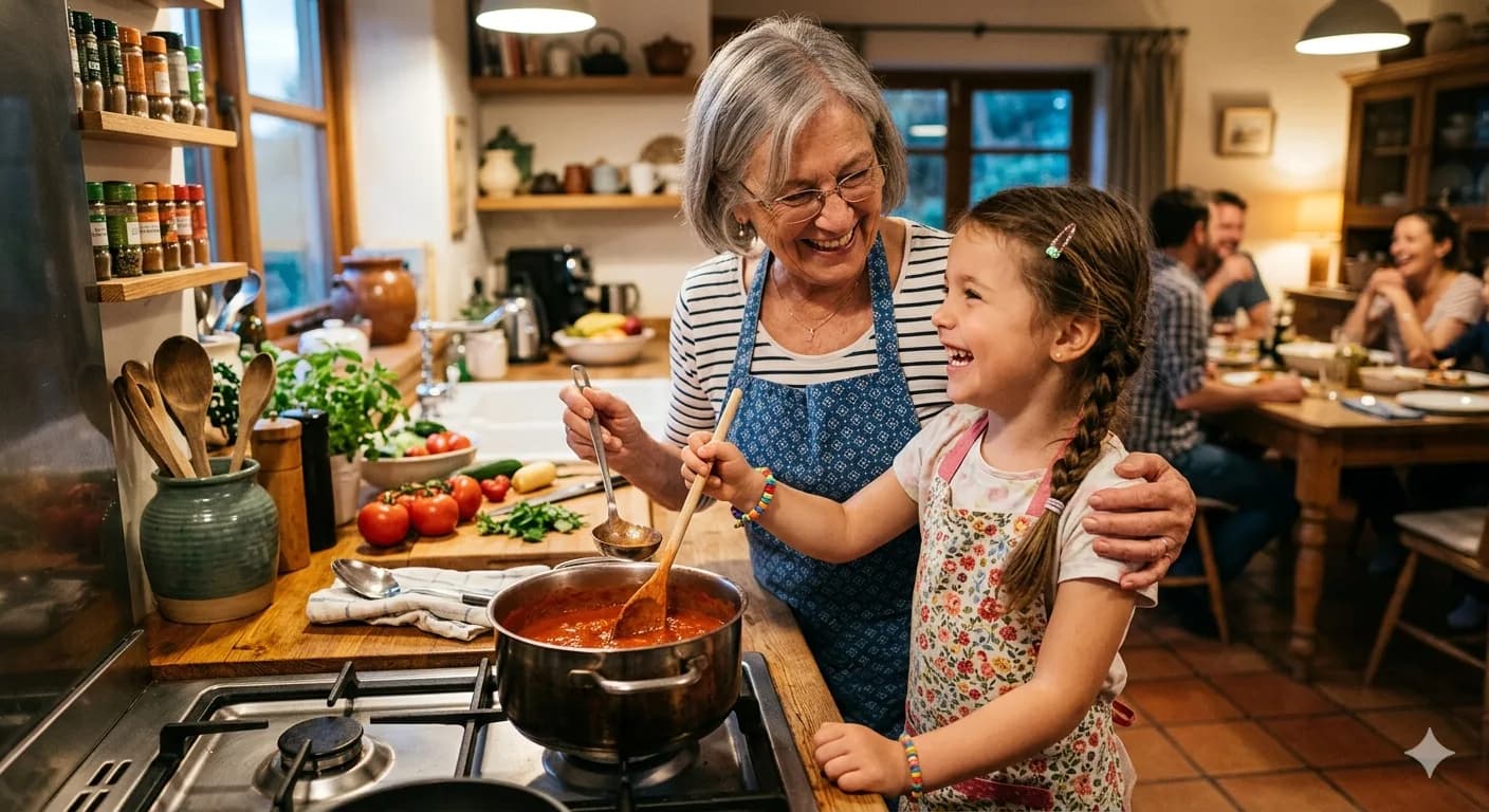 A multigenerational family cooking together in the kitchen
