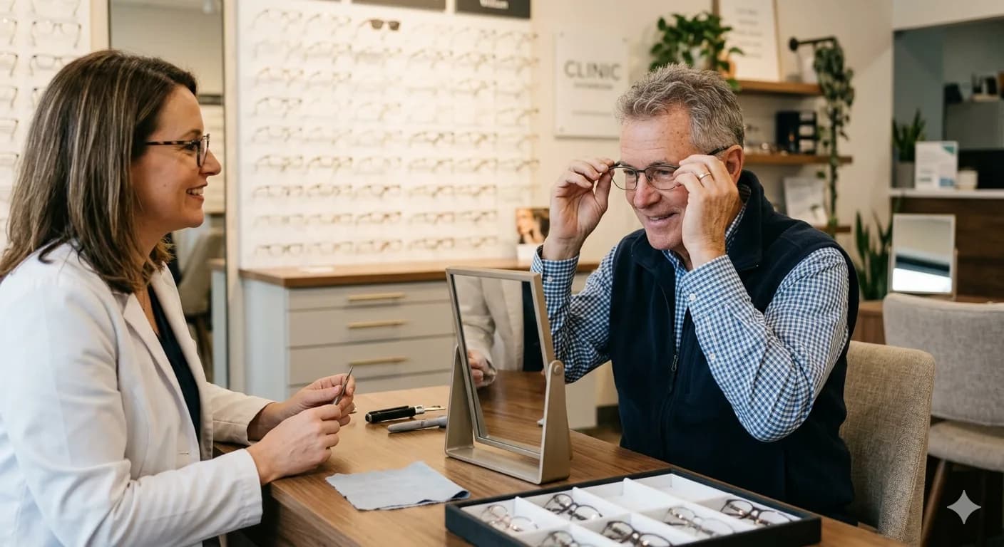 An older man trying on glasses with an optometrist at a vision clinic